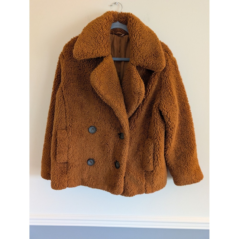 Free People Brown Teddy Peacoat Jacket XS Double Breasted fleece boxy oversized